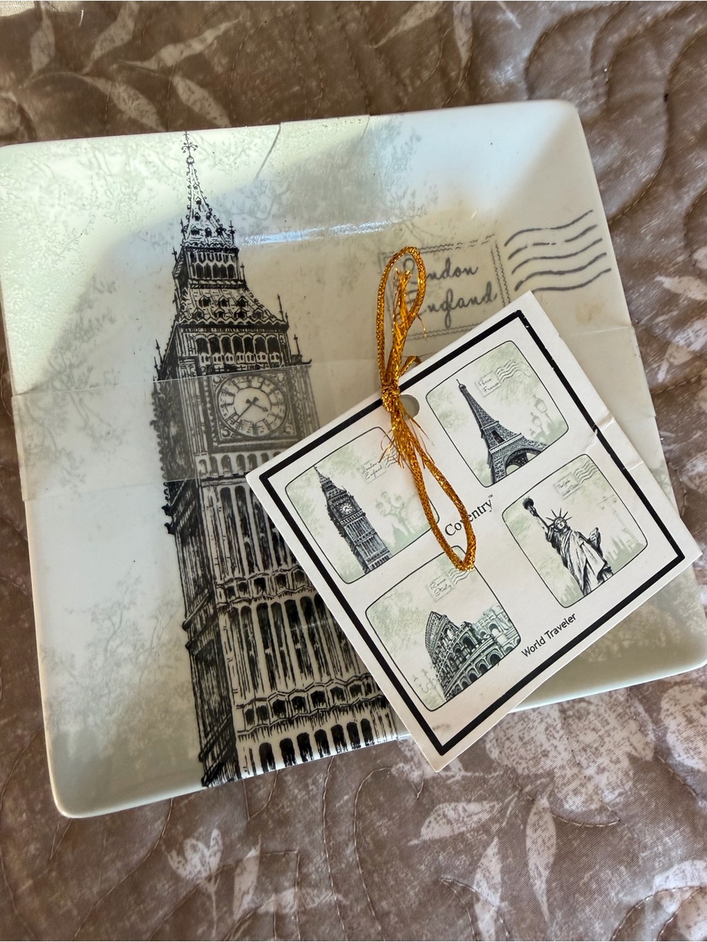 Appetizer vintage city landmark ceramic square plates set of 4